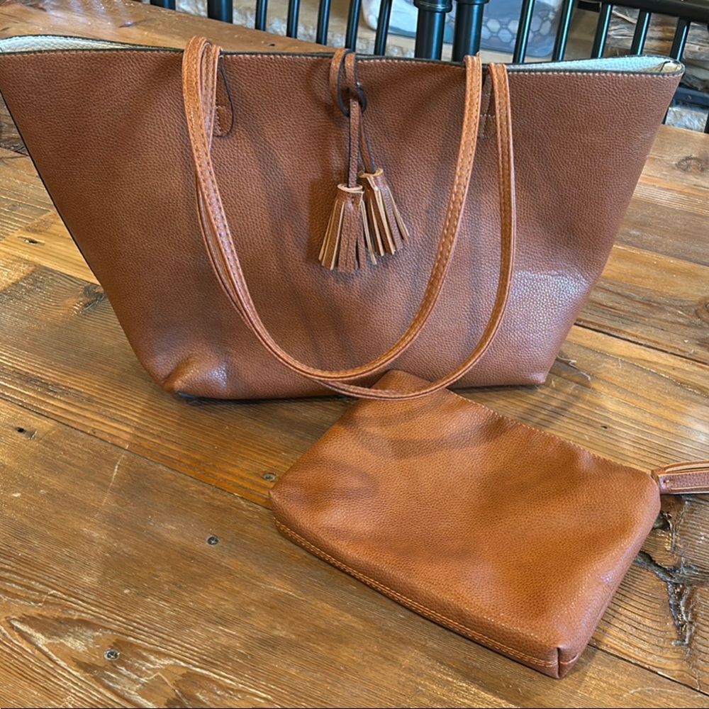 Brown Leather Tote Bag with Tassel